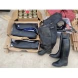 A QUANTITY OF HORSE TACK TO INCLUDE GIRTHS AND NEW SHIRE RIDING BOOTS ETC