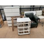 A QUANTITY OF FURNITURE TO INCLUDE TWO CHAIRS, CHEST OF DRAWERS AND TRESSLES ETC THIS ITEMS TO BE