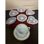SIX WEDGWOOD JASPER WARE TRINKET DISHES AND AN EMBOSSED WEDGWOOD CUP AND SAUCER