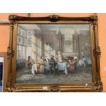 A LARGE GILT FRAMED PICTURE OF A VICTORIAN DINNER PARTY BY F M BENNETT 90CM X 75CM