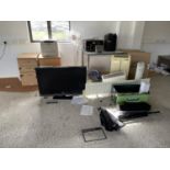 AN ASSORTMENT OF OFFICE ITEMS TO INCLUDE A TELEVISION, A MICROWAVE, HEATERS AND PACKING EQUIPMENT