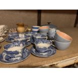 A BLUE LE CREUSET STYLE CHASSEUR CASSEROLE DISH, COPELAND SPODE ITALIAN TEA WARE, A CORNISH