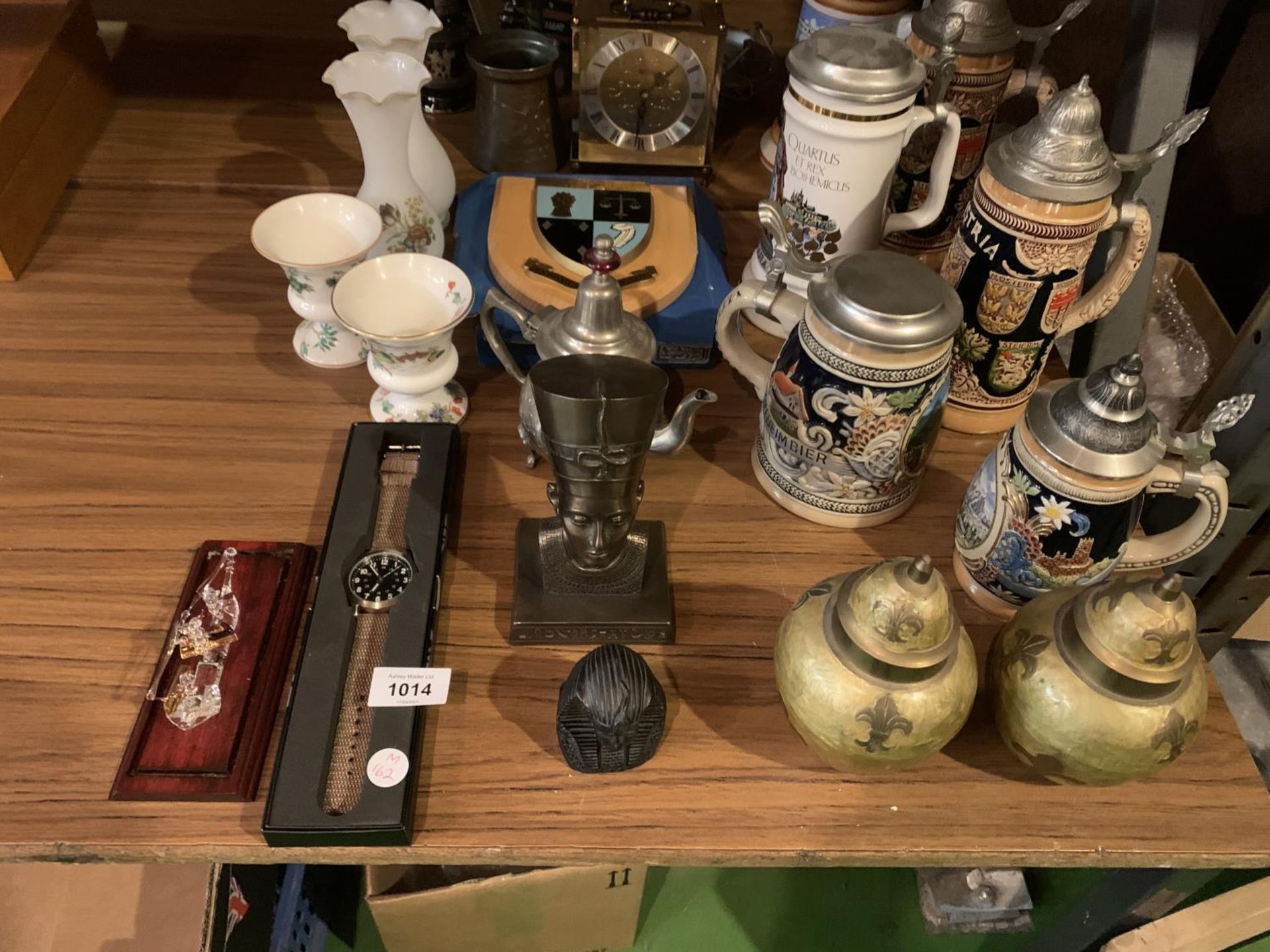 AN ASSORTMENT OF ITEMS TO INCLUDE SIX STEINS, TWO BRASS LIDDED JARS, A SMALL BUST OF NEFERTITI ETC - Image 2 of 3