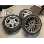 A GROUP OF THREE ALLOY WHEELS AND TYRES THIS ITEMS TO BE COLLECTED FROM THE WAREHOUSE AT BOSLEY