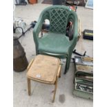 A VINTAGE WOODEN STOOL AND THREE PLASTIC STACKING GARDEN CHAIRS WITH CUSHIONS
