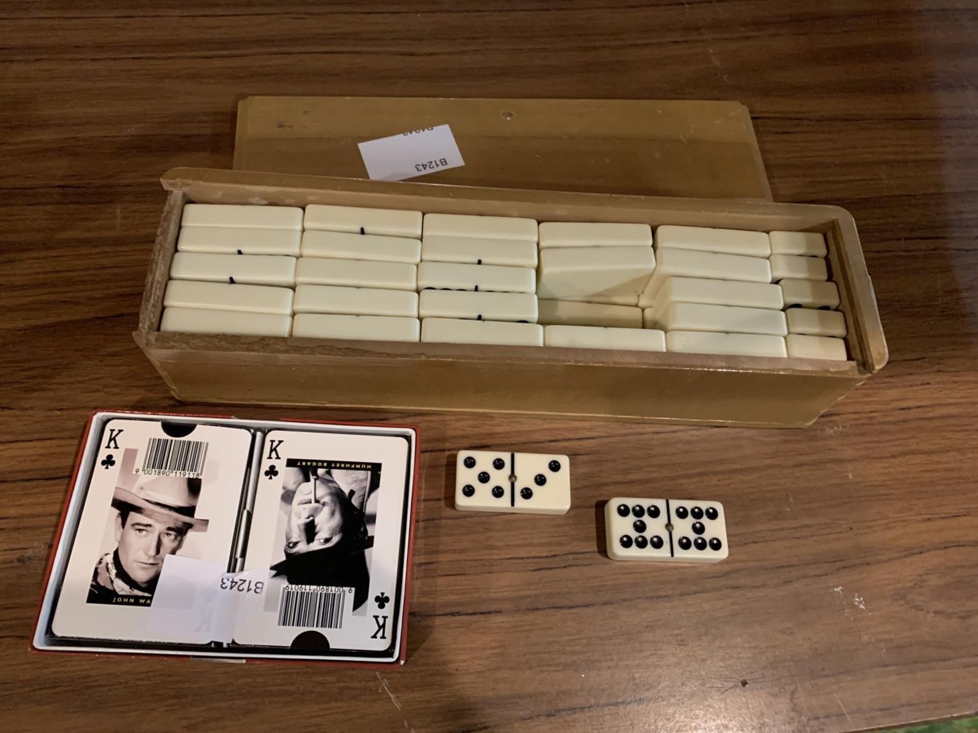 A BOXED DOMINOES SET OF DOUBLE NINES (COMPLETE) AND PLAYING CARDS