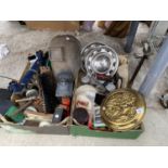 AN ASSORTMENT OF ITEMS TO INCLUDE A BED WARMING PAN, WELDING MASK AND OUTSIDE LIGHT FITTING ETC