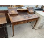 AN EDWARDIAN SHERATON REVIVAL PROFUSELY FLORAL INLAID LADIES' WRITING TABLE WITH TWO FRIEZE