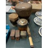 AN ASSORTMENT OF ITEMS TO INCLUDE BONGOS, OXO AND TEA TINS, CARPET BEATER ETC