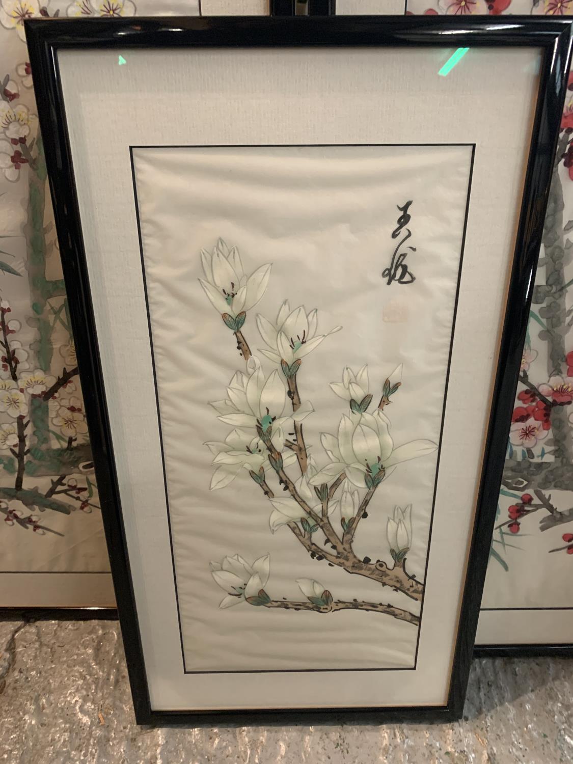 THREE FLORAL PAINTINGS ON SILK - Image 2 of 4