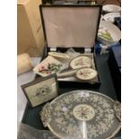 A VINTAGE SIX PIECE FLORAL EMBROIDERED VANITY SET TO INCLUDE CLOCK