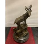 A BRONZE IN THE FORM OF A STAG AND FAWN MOUNTED ON A WOODEN BASE H:APPROXIMATELY 28CM