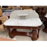 A VICTORIAN MAHOGANY WASHSTAND WITH MARBLE TOP AND BACK, WITH OPEN BASE, ON FOUR TURNED LEGS, 55"