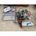 AN ASSORTMENT OF POWER TOOLS TO INCLUDE TWO PLANES, A SANDER, AN EINHELL DRILL WITH DRILL BITS ETC