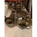A QUANTITY OF SILVER PLATED ITEMS TO INCLUDE TEA POTS, JUGS, PLATE ETC