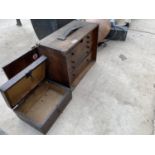 A VINTAGE WOODEN TOOL CHEST AND A FURTHER WOODEN BOX
