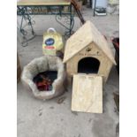 AN ASSORTMENT OF PET ITEMS TO INCLUDE A PET HOUSE, CAT BED AND LEADS ETC