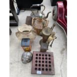 AN ASSORTMENT OF ITEMS TO INCLUDE A COPPER KETTLE, BRASS FIRE SIDE COMPANION ETC