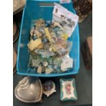 A COLLECTION OF COSTUME JEWELLERY, HEART SHAPED TRINKET BOX, PIN BADGES ETC