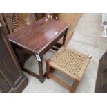 A SMALL STOOL WITH WICKER TOP AND SMALL OAK OCCASIONAL TABLE