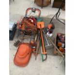AN ASSORTMENT OF GARDEN TOOLS TO INCLUDE A STRIMMER, SHOVELS, A FLYMO LAWN MOWER, HARDWARE ITEMS