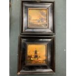 A PAIR OF MINIATURE FRAMED HAND PAINTED TILES - 12CM X 12CM