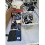AN ASSORTMENT OF ELECTRICAL ITEMS TO INCLUDE PHONES, A MIXER AND COMPUTER SPEAKERS ETC