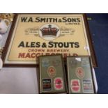 THREE FRAMED BREWERY MEMORABILIA ONE BEING W.A SMITH & SONS LTD ALES & STOUTS MACCLESFIELD