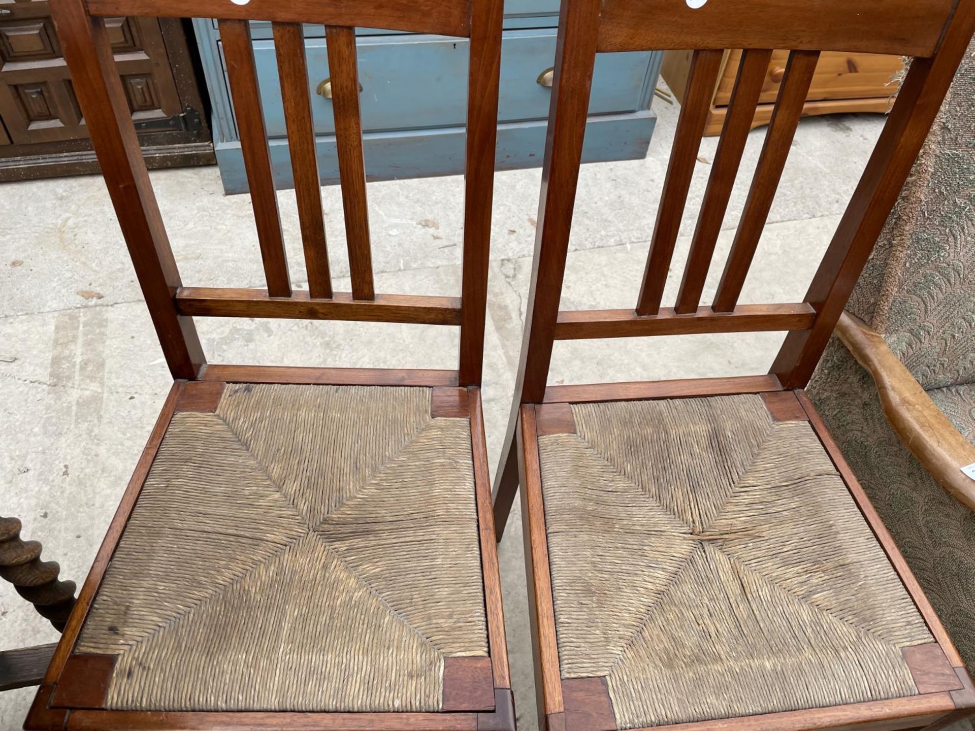 A PAIR OF MAHOGANY RUSH SEATED BEDROOM CHAIRS - Image 2 of 3