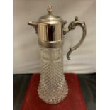 A LARGE CUT GLASS CLARET JUG WITH SILVER PLATE TOP AND HANDLE H:36CM