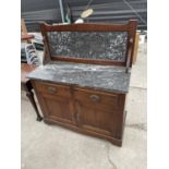 A VICTORIAN MAHOGANY MARBLE TOP WASHSTAND WITH MARBLE BASE, 42" WIDE