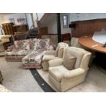 A GROUP OF SIX VARIOUS UPHOLSTERD SOFAS AND ARM CHAIRS TO INCLUDE A FOTT STOOL (ALL IN A GOOD