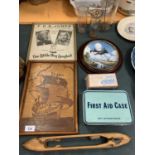 AN ASSORTMENT OF VINTAGE ITEMS TO INCLUDE A FIRST AID TIN, A POSTER AND A COLLECTORS PLATE ETC