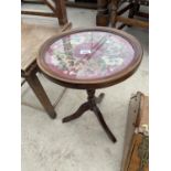 A MODERN TRIPOD TABLE WITH FLORAL TAPESTRY TOP, 14.5" DIAMETER