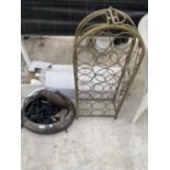 AN ASSORTMENT OF ITEMS TO INCLUDE A METAL WINE RACK AND A WATER FEATURE ETC