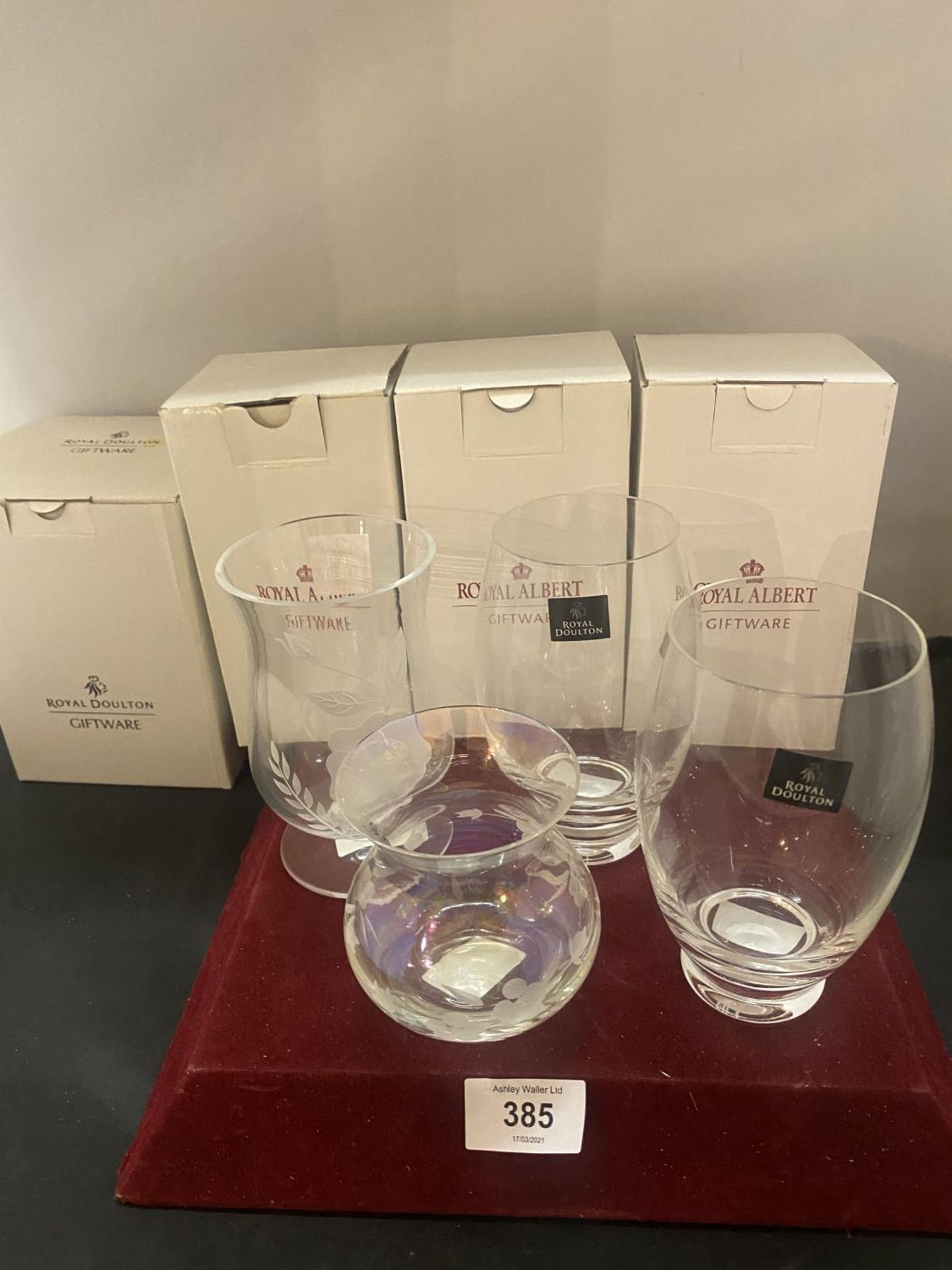 FOUR ROYAL ALBERT/DOULTON BOXED GLASS VASES