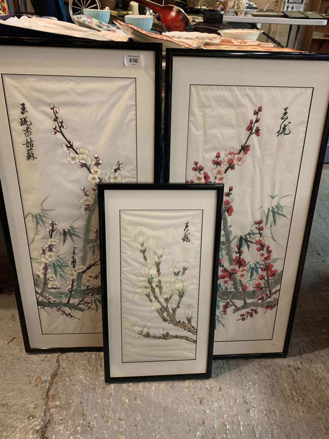 THREE FLORAL PAINTINGS ON SILK