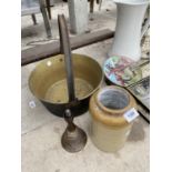 A BRASS JAM PAN, A HAND BELL AND A STONE WARE POT