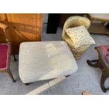 A MODERN FOOTSTOOL ON TURNED SUPPORTS AND A BEDROOM CHAIR WITH FLORAL CUSHION (JOHN LEWIS)