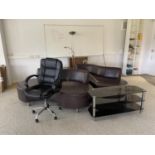 AN ASSORTMENT OF FURNITURE TO INCLUDE TWO SOFAS, AN OFFICE CHAIR AND A COFFEE TABLE ETC THIS ITEMS