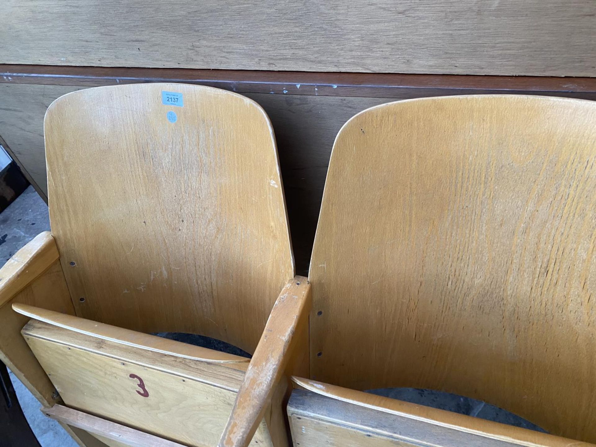 A PAIR OF BEECH THEATRE/ CINEMA SEATS WITH BENT WOOD BACKS, NUMBERED 3 AND 15 - Image 2 of 3