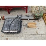 A WOOD TURNING LATHE, A TILE CUTTER AND CHISELS ETC