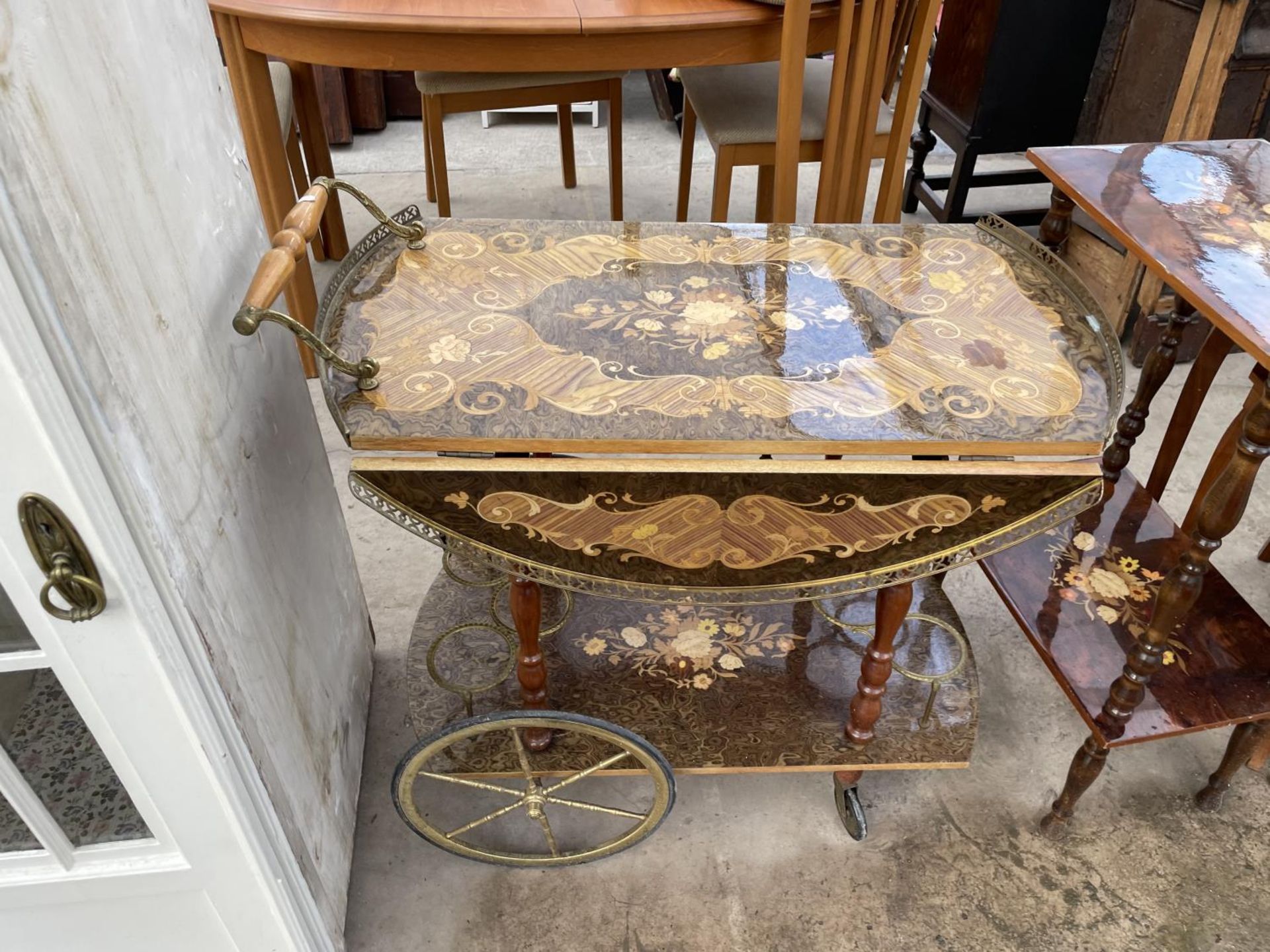 AN ITALIAN STYLE INLAID COCKTAIL TROLLEY, NEST OF THREE TABLES, TWO TIER TABLE AND TWO TIER METAL - Image 2 of 6