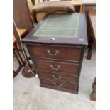 A REPRODUCTION MAHOGANY TWO DRAWER FILING CABINET WITH INSET LEATHER TOP