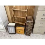 AN ASSORTMENT OF ITEMS TO INCLUDE FOUR HABERDASHERY DRAWERS, A PINE SHELF AND WOODEN FIRST AID BOX