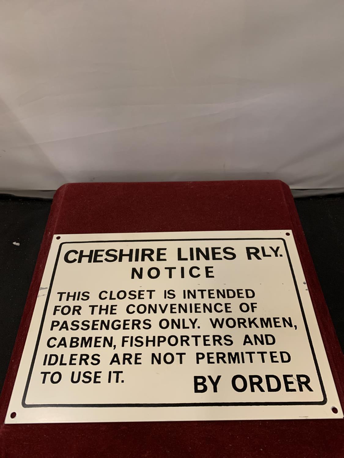 A CHESHIRE LINES RAILWAY METAL SIGN ADVISING OF CONVENIENCE CLOSET RULES 16.5CM X 23CM - Image 2 of 3