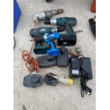 A QUANTITY OF BATTERY POWERED DRILLS AND AN ASSORTMENT OF BATTERIES