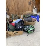 AN ASSORTMENT OF CLOTHING TO INCLUDE MOTOR BIKE HELMET, COATS AND SHOES