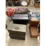 TWO METAL DEED TINS AND TWO FURTHER WOODEN TOOL CHESTS