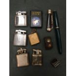SIX VARIOUS LIGHTERS, A PENKNIFE, VINTAGE PENCIL SHARPNER AND A FOUNTAIN PEN
